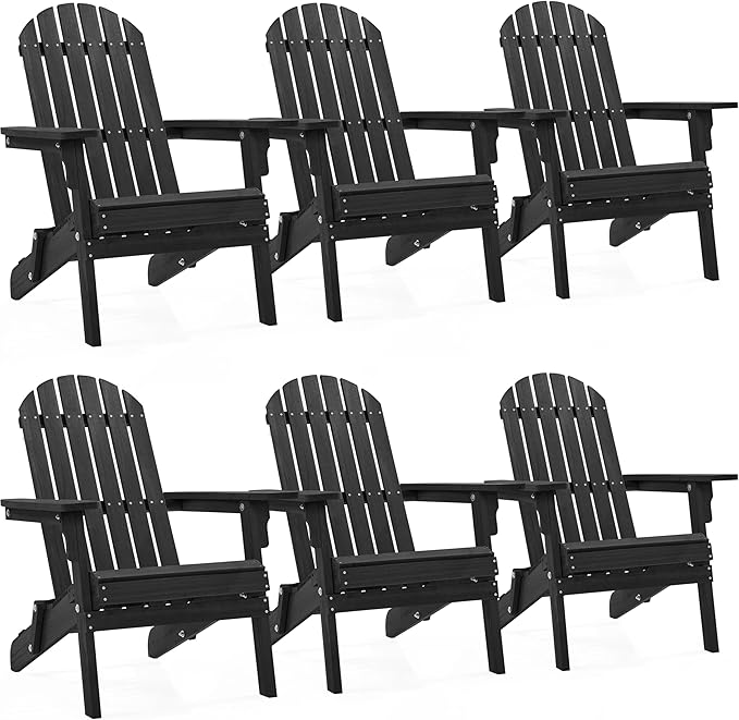 Yaheetech Folding Adirondack Chair Set of 6 Outdoor, 300LBS Solid Wood Garden Chair Weather Resistant, Fire Pit Lounge Chairs for Garden/Yard/Patio/Lawn, Black