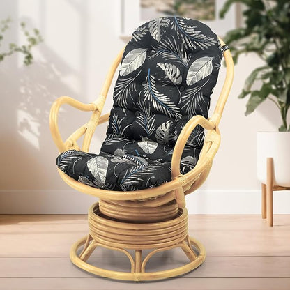 Wickerix Java Lounge Swivel Rocking Chair with Black Leaf Cushion Natural Rattan Wicker Handmade, Natural Color