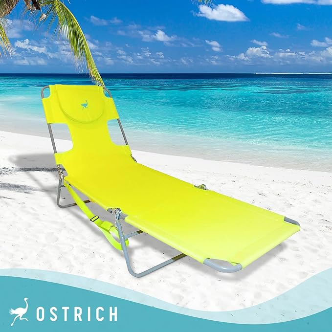 Ostrich Chaise Lounge Outdoor Portable Folding 3 Position Chair for Beach, Patio, Camp, and Pool with Carrying Strap, Neon Green (3 Pack)