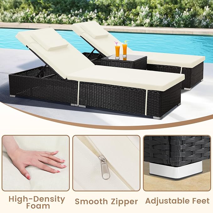 Outdoor Chaise Lounge Chairs, All-Weather Wicker Pool Lounge Chair Set of 2 with Side Table, Adjustable Backrest & Washable Cushions for Patio, Poolside, Beach, White