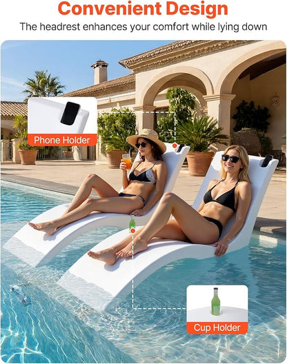 VEVOR Pool Lounge Chairs, Set of 2 Chaise Lounger, Water Weighted in-Pool Lounger Chairs for up to 9" Water Depths, Anti-Floating Patio Furniture with Cup Phone Holders for Sun Shelf & Tanning Ledge