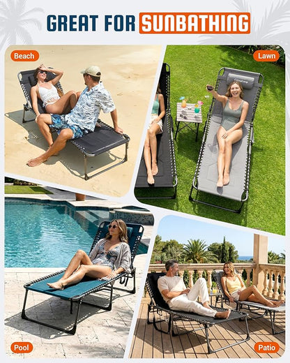 KingCamp Oversized Tanning Chair, Extra-Wide Padded Folding Chase Lounge Chairs Portable Adjustable 5-Position 440lbs Heavy Duty Lounger with Double-Layer Oxford for Outdoor Beach Patio Sun Pool Grey