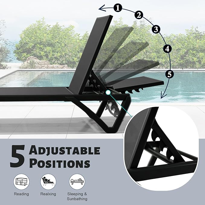 Domi Patio Lounge Chairs Set of 2, Aluminum Pool Chaise Lounge with 5 Position Adjustable Backrest and Wheels, Outdoor Lounge Chairs for Pool, Garden, Beach, Backyard, Dark Grey