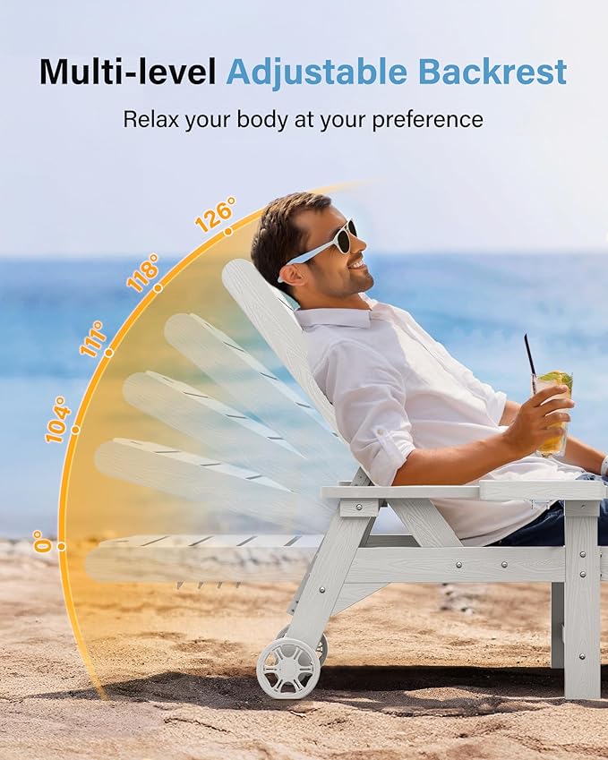 YEFU Chaise Lounge Chairs Set of 4 Outdoor,Pool Lounge Chair with Adjustable Backrest,All Weather Patio Lounge Chair with Cup Holder&Armrest,for Outside,Beach,Deck,Heavy Duty,400lbs Capacity(White)