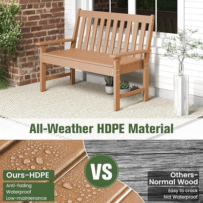 Tangkula HDPE Outdoor Garden Bench with Backrest, 2-Person All-Weather Patio Loveseat Chair with Slatted Seat, 705 lbs Weight Capacity, Patio Benches for Balcony, Garden, Porch, Backyard & Park, Brown