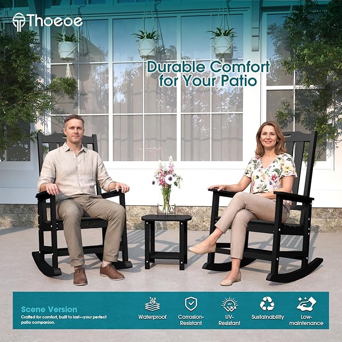Oversized Rocking Chair Set of 2, Outdoor Rocking Chair for Adults, All Weather Resistant Porch Rocker for Lawn Garden, Black