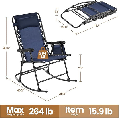 Yaheetech 26in Rocking Chair Outdoor Zero Gravity Folding Chairs Rocking Chairs Foldable Outdoor Lounge Chair for Outside Lawn with Cupholder/Pillow Ergonomic Design for Rest, Navy Blue, Set of 2