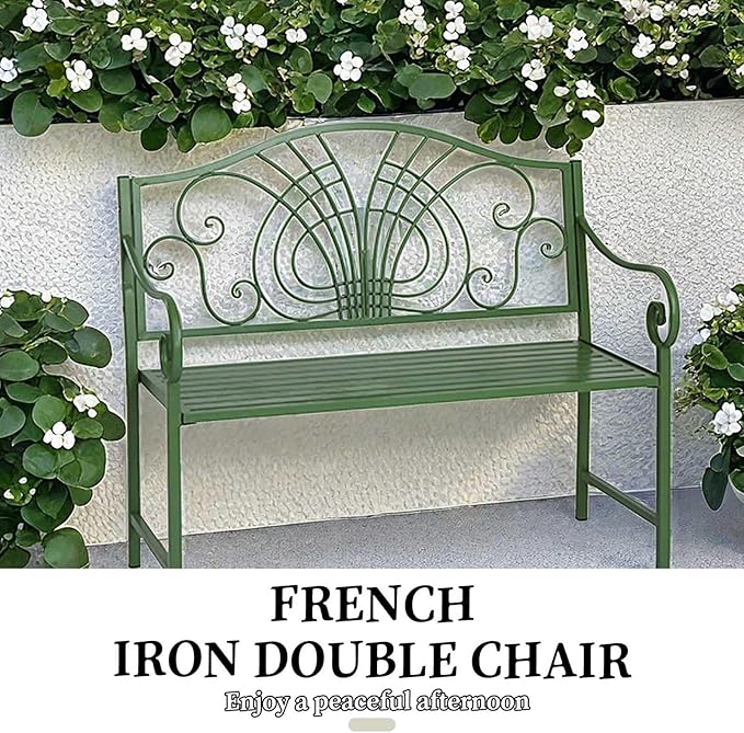 43" Outdoor Metal Garden Bench，Patio Bench，Porch Bench Chair,Outdoor Bench 2-Person,Iron Steel Frame Patio Bench,with Backrest and Armrests,Porch Bench for Poolside, Balcony,Green