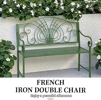 43" Outdoor Metal Garden Bench，Patio Bench，Porch Bench Chair,Outdoor Bench 2-Person,Iron Steel Frame Patio Bench,with Backrest and Armrests,Porch Bench for Poolside, Balcony,Green