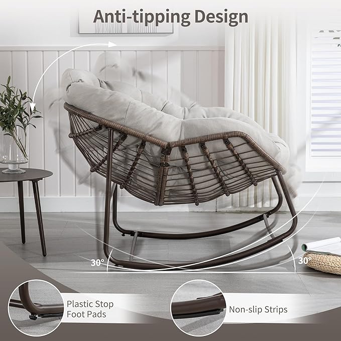 HOMEFUN Outdoor Patio Rocking Chairs, Oversized Papasan Rock Chair Indoor with Padded Cushion - Rocker Egg for Front Porch, Garden, Backyard Beige