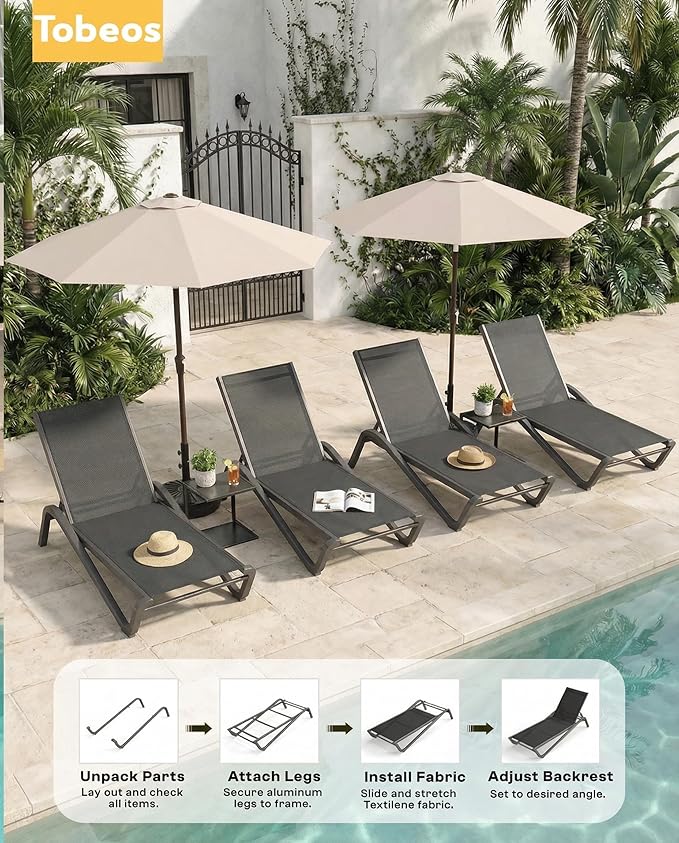 Outdoor Chaise Lounge Chair Set of 2, 5-Position Adjustable Patio Lounge Chair with Aluminum Frame, Textilene Fabric Pool Loung Chairs for Poolside, Deck, Backyard (Black)