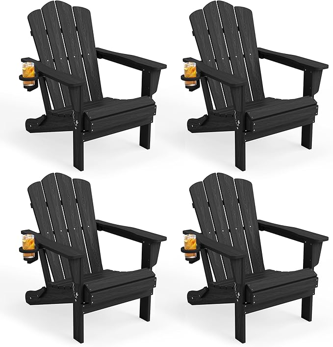 KINGYES Folding Adirondack Chair Set of 4, HDPE All-Weather Patio Chairs, Wooden Textured Lawn Chair for Poolside, Backyard, Deck, Fire Pit, Black