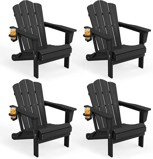 KINGYES Folding Adirondack Chair Set of 4, HDPE All-Weather Patio Chairs, Wooden Textured Lawn Chair for Poolside, Backyard, Deck, Fire Pit, Black