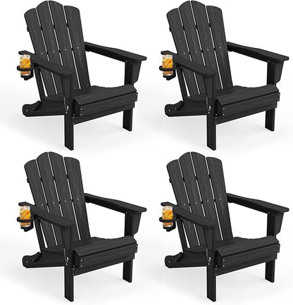 KINGYES Folding Adirondack Chair Set of 4, HDPE All-Weather Patio Chairs with Cup Holder, Wooden Textured Fire Pit Chairs for Poolside, Backyard, Deck, Black