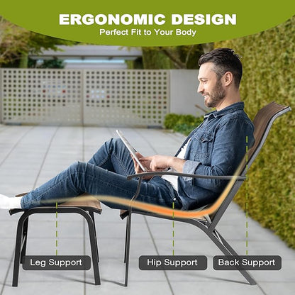 NUU GARDEN Outdoor Patio Chaise Lounges Chair, Recliner Chairs with Ottoman, All-Weather Textilene Chaise Lounge with Metal Frame, Outdoor Lounge Chairs for Patio, Backyard, Deck, Brown