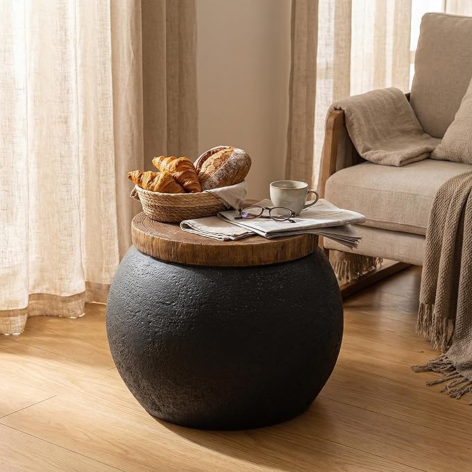 HOMPUS Concrete Outdoor Side Table Jar Shaped Round Coffee Table, Home Decor Plant Stand Outdoor Accent Modern Nightstand Patio Drum End Table for Living Room, Bedroom or Balcony,No Assembly