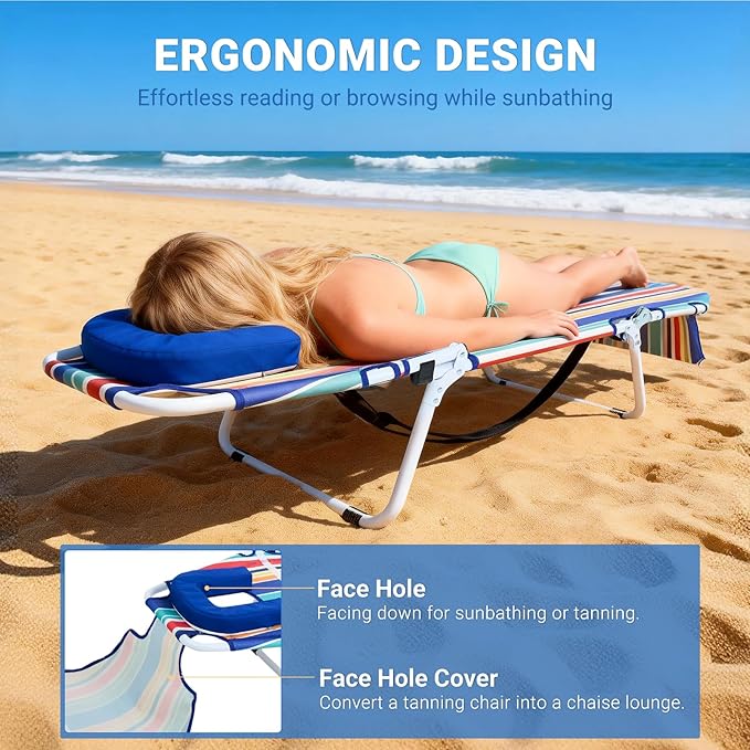 DoCred Heavy Duty Tanning Chair with Face Hole, Adjustable 5-Position Folding Chaise Lounge Chairs for Outside, Portable Lay Flat Beach Lounge Chair for Outdoor Sunbathing Beach Pool Lawn Camping