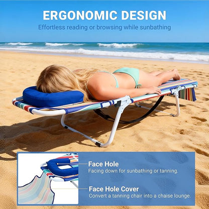 DoCred Heavy Duty Tanning Chair with Face Hole, Adjustable 5-Position Folding Chaise Lounge Chairs for Outside, Portable Lay Flat Beach Lounge Chair for Outdoor Sunbathing Beach Pool Lawn Camping