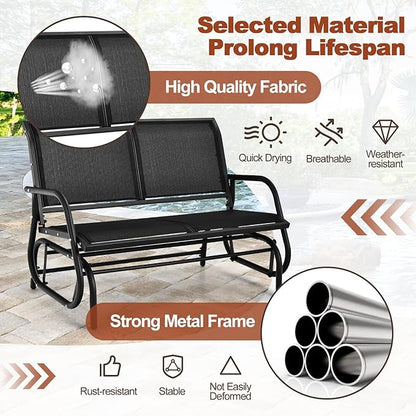 Tangkula 2 Person Patio Glider, Outdoor Swing Bench Rocker Glider Loveseat Chair with Heavy-Duty Steel Frame, Breathable Seat Fabric, Rocking Lounge Chair for Poolside, Garden, Backyard, Porch (Black)