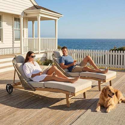 Patio Chaise Lounge Chairs Set of 2, Oversized Lounge Chair Outdoor with Cushions, Patio Lounge Chairs with Wheels, All Weather Wicker Outdoor Chaise Lounge Chairs for Outside/Deck/Yard, Khaki