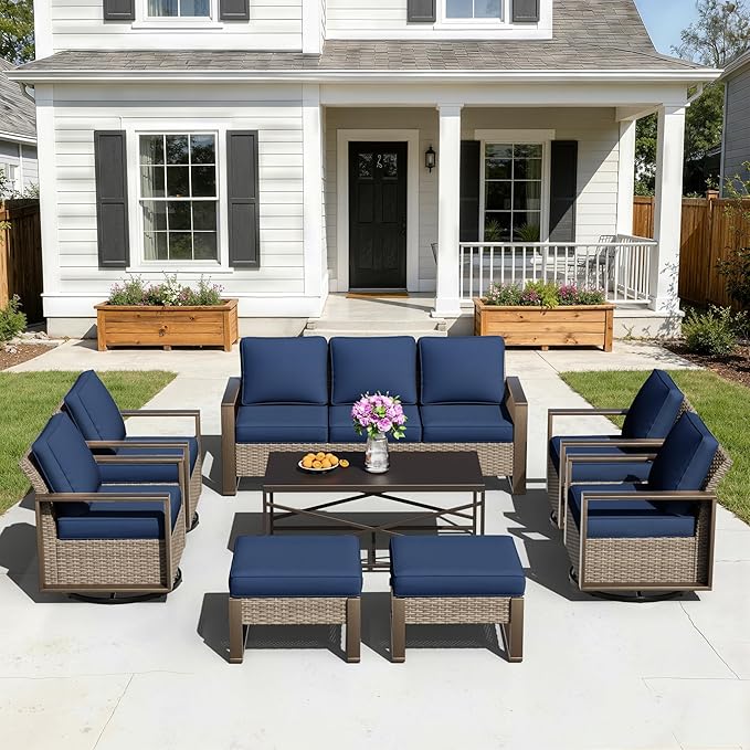 8 Pieces Metal Wicker Patio Furniture Set - 75" Sofa, Four Swivel Chairs and Two Ottomans - Photo 9