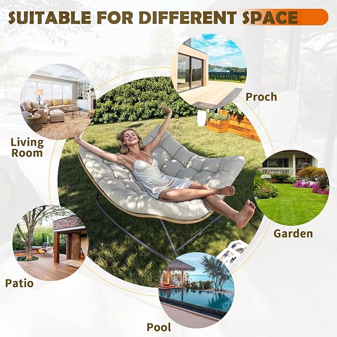 Outdoor Rocking Chair, 2 PCS Indoor Papasan Chairs, Oversized Egg Rocking Chair with Thick Cushion, Rattan Wicker Rocker Lounge Chair for Bedroom, Living Room, Patio, Garden, Porch (Light Grey)