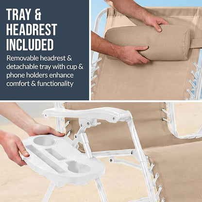 Best Choice Products Set of 2 Extra Wide Adjustable Steel Mesh Zero Gravity Lounge Chair Recliners w/Pillows and Cup Holder Trays - Sand/White