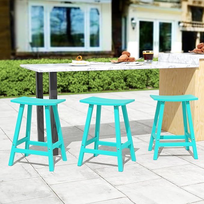 Costaelm All-Weather Bar Stools Set of 3, 24" Height Outdoor Bar Stools, Adirondack Poly Patio Bar Stool for Patio, Deck, Kitchen Counter and Garden, Turquoise