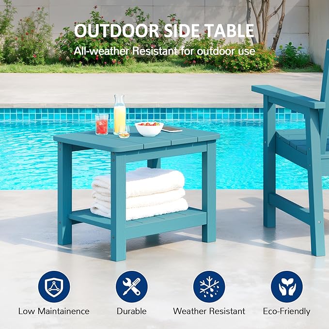 18" Outdoor Side Table, 2-Tier Patio Side Table, Weather Resistant, Easy Assembled, HIPS Adirondack Side Table for Backyard, Pool, Indoor (Lake Blue)