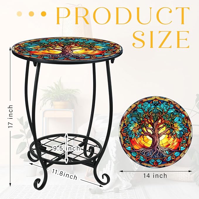 Outdoor Side Table Round Small Mosaic Patio Accent Indoor End Plant Coffee Tea Table for Yard Patio Porch Garden Living - Photo 3