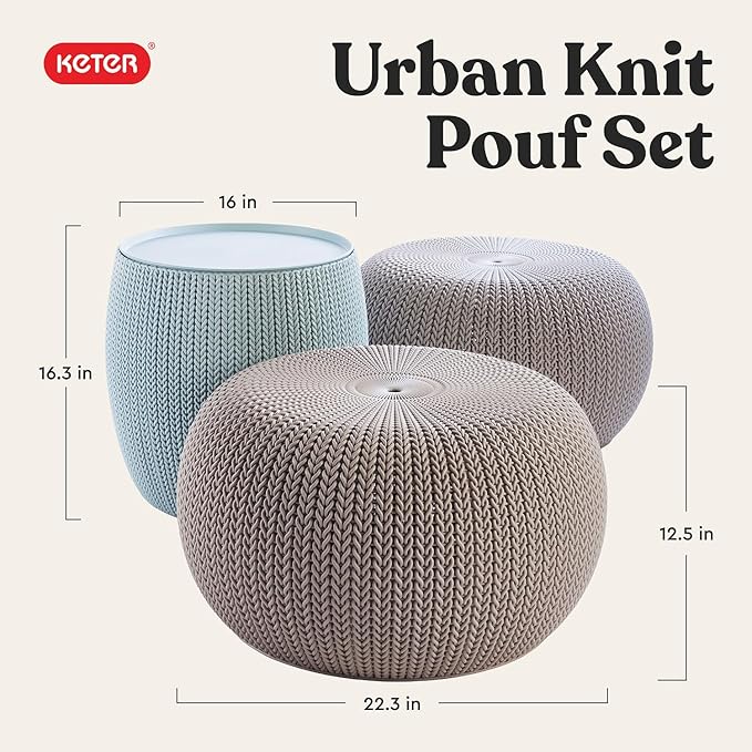 Keter Urban Knit Pouf Ottoman Set of 2 with Storage Table for Patio and Room Décor - Perfect for Balcony, Deck - Photo 3
