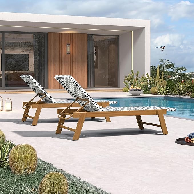 PURPLE LEAF Extra Large Patio Chaise Lounge 2 Pieces French Outdoor Wicker Lounger Matte Teak Aluminum Frame 771LBS Capacity PE Rattan Adjustable Backrest for Pool Garden Beach Backyard White