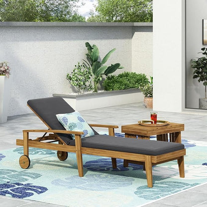 Outdoor Chaise Lounge Chair, Pool Lounge Chairs with Wheels, 5-Position Adjustable Backrest & Wood Frame, Patio Lounge Chair for Pool Poolside Sunbathing Backyard Beach (Grey)