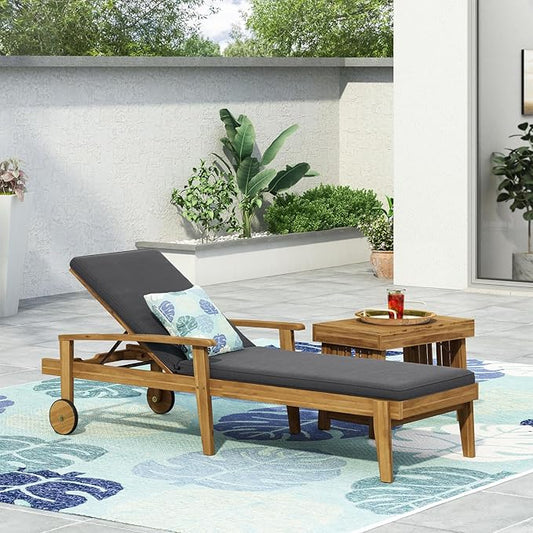 Outdoor Chaise Lounge Chair, Pool Lounge Chairs with Wheels, 5-Position Adjustable Backrest & Wood Frame, Patio Lounge Chair for Pool Poolside Sunbathing Backyard Beach (Grey)