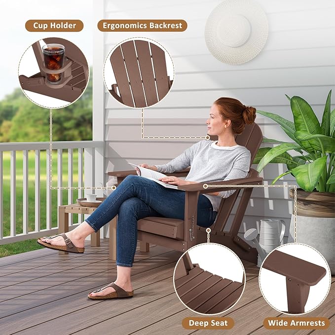 Adirondack Chair with Cushion & Cup Holder, HDPE Folding Adirondack Chair with Wood-Like Grain Outdoor Fire Pit Chairs for Patio/Porch/Swimming Pool/Camping (Brown)