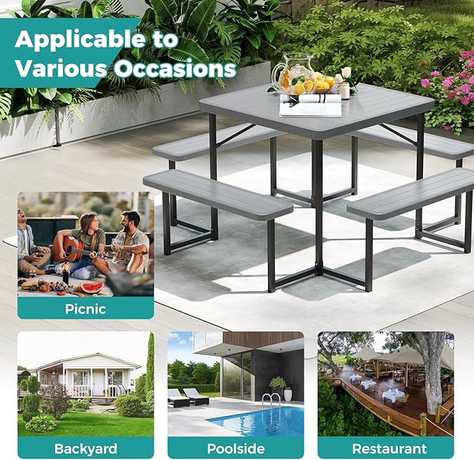 Giantex Picnic Table Bench Set for 4-8 People, 34" Outdoor Square Dining Table & 2 Benches w/Umbrella Hole - Photo 9