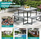 Giantex Picnic Table Bench Set for 4-8 People, 34" Outdoor Square Dining Table & 2 Benches w/Umbrella Hole - Photo 9