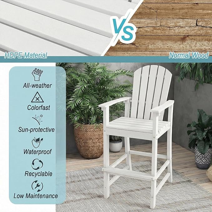 Giantex Set of 2 HDPE Outdoor Bar Stools, All Weather Tall Adirondack Chair with Armrest, Footrest, Load 360Lbs, Counter Height Bar Stool for Patio, Garden, Yard, Indoor Or Outdoor Use, White