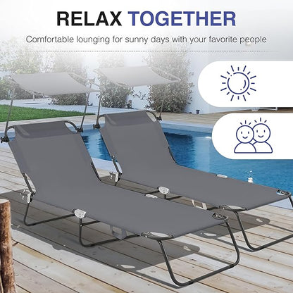 Folding Outdoor Lounge Chair Set of 2 with Adjustable Shade Canopy, Portable Sun Tanning Chairs, Gray (2, Grey)