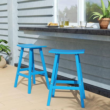 Costaelm All-Weather Bar Stools Set of 2, 29" Height Outdoor Bar Stools, Adirondack Poly Patio Bar Stool for Patio, Deck, Kitchen Counter and Garden, Pacific Blue