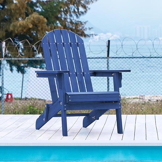 Yaheetech Folding Adirondack Chair Set of 1 Outdoor, 300LBS Solid Wood Garden Chair Weather Resistant, Fire Pit Lounge Chairs for Garden/Yard/Patio/Lawn, Blue