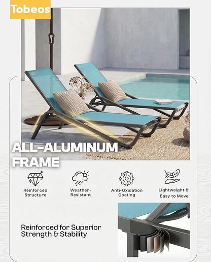 Outdoor Chaise Lounge Chair Set of 2, 5-Position Adjustable Patio Lounge Chair with Aluminum Frame, Textilene Fabric Pool Loung Chairs for Poolside, Deck, Backyard (Lake Blue)
