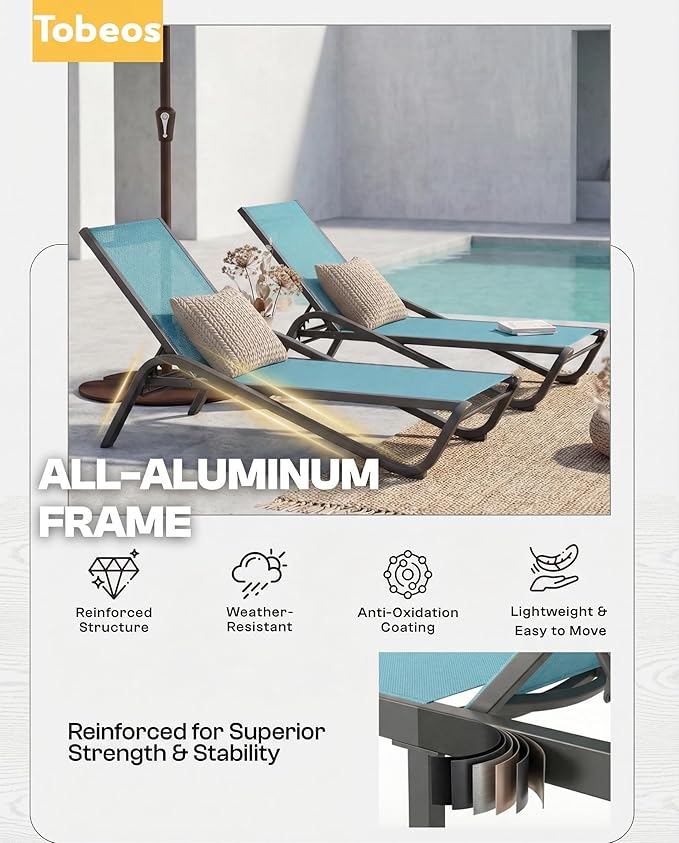 Outdoor Chaise Lounge Chair Set of 30, 5-Position Adjustable Patio Lounge Chair with Aluminum Frame, Textilene Fabric Pool Loung Chairs for Poolside, Deck, Backyard (Lake Blue)