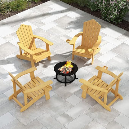 Tangkula Oversized Adirondack Chair, Patio Lounge Chairs w/Adjustable Cup Holder, HIPS Armchairs Slatted Chair, Outdoor Weather Resistant Fire Pit Chair for Deck Backyard Garden Porch (1, Teak)