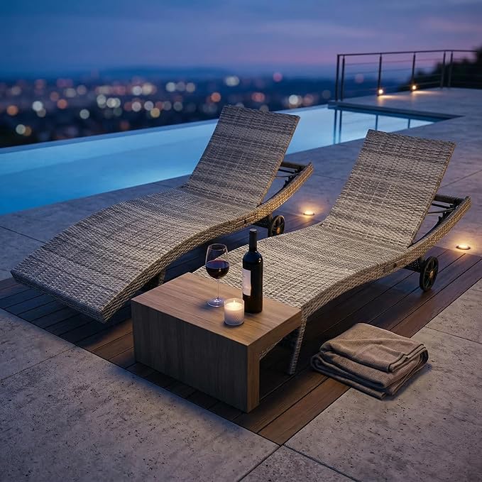 OVENTA Outdoor Wicker Patio Chaise Lounge Chair with Wheels Set of 6, Gray Rattan Pool Furniture Lounger for Outside Poolside Lounges, Jumbo Co Chaise Lounge Chairs, Wicker Patio Pool Furniture