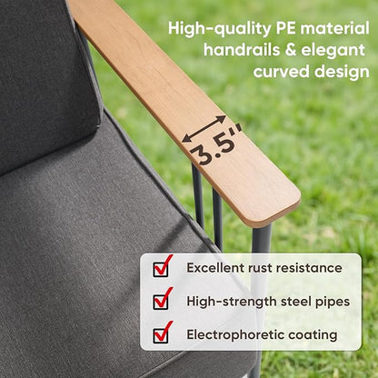 10-inch Thick Cushion Outdoor Furniture Set of 5, Patio Chair Set with Sofa,Wood Grain armrests, trapezoidal backrest, Indoor/Outdoor Balcony Seating,Dark Gray | Gray Cushions