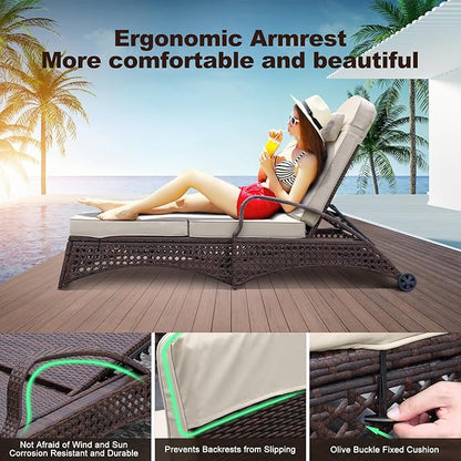 NOBLEMOOD Outdoor Chaise Lounge Wicker Patio Lounge Chair with Wheels, Adjustable 6 Position Pool Reclining Chair with Gray Thickened Fabric Cushion & Pillow, Pack of 4