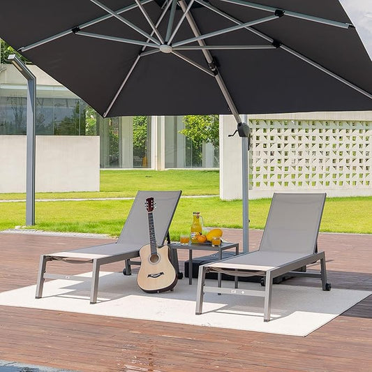 PURPLE LEAF Outdoor Lounge Chair Set for 2 Aluminum Patio Chaise Lounger with Easy-to-Move Wheels and Adjustable Backrest Pool Reclining Lounge Chairs for Beach Yard Poolside Table Included, Khaki