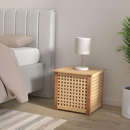 Wooden Grid Side Table for Indoor/Outdoor,Small Coffee Table for Boho Corner/Patio/Living Room,Storage Bin Deck Box for Cushions,Toys,Furniture Covers,Etc.Original Wood Color