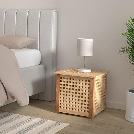 Wooden Grid Side Table for Indoor/Outdoor,Small Coffee Table for Boho Corner/Patio/Living Room,Storage Bin Deck Box for Cushions,Toys,Furniture Covers,Etc.Original Wood Color
